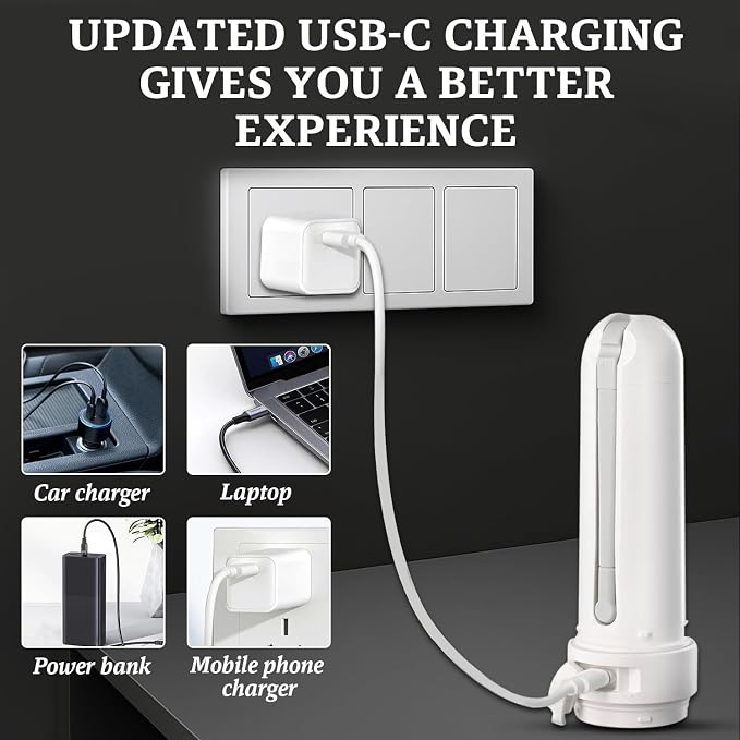 ( 180ml ) PureStream Portable Bidet for Travel – USB-C Rechargeable Handheld Sprayer with Bottle Adapter, 180° Foldable Nozzle, Adjustable Pressure Modes, Waterproof, for Men and Women (White)