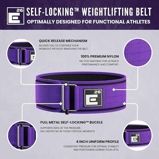 Element 26 Self-Locking Weight Lifting Belt - 4-Inch Nylon Support for Men and Women - Squat and Deadlift - Gym Training