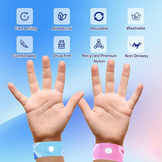 Motion Sickness Bands for Kids Cruise Travel Essentials Anti-Nausea Acupressure Wristband for Morning Car Sea Sickness Wristbands for Kids-2 Pairs White/Pink