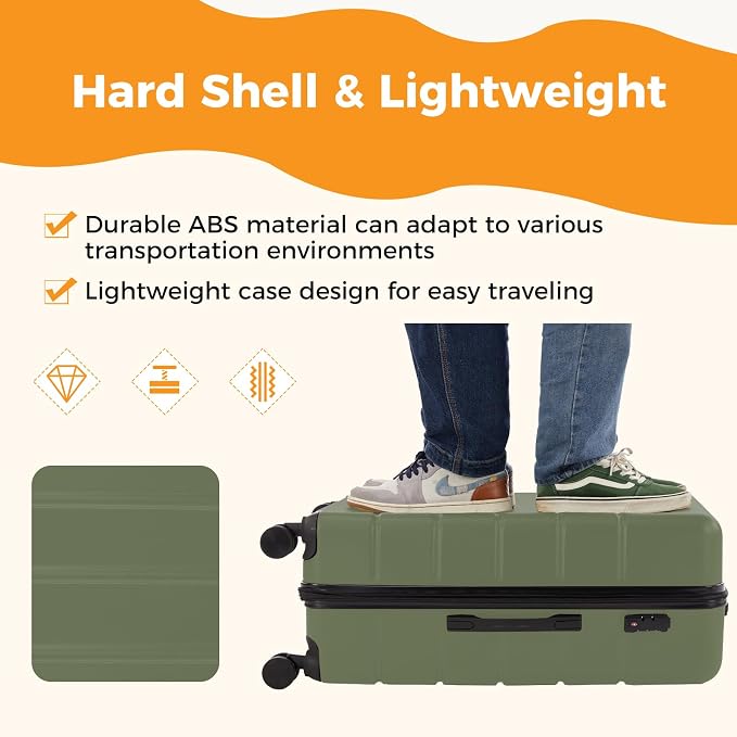 NEWBULIG 24 Inch Checked Luggage, ABS Hard Shell Lightweight Rolling Expandable Suitcase with Smooth Spinner Wheels and TSA Lock for Business Trips and Daily Vacations, Green