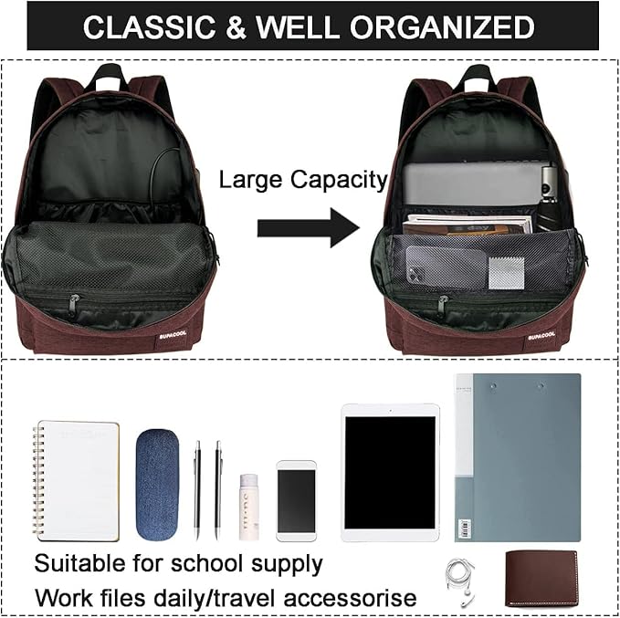 SUPACOOL Casual Laptop Backpack for Men and Women, Pencil Pouch, School Backpack with USB Charging Port, Bookbag for Boys and Girls(Coffee set)