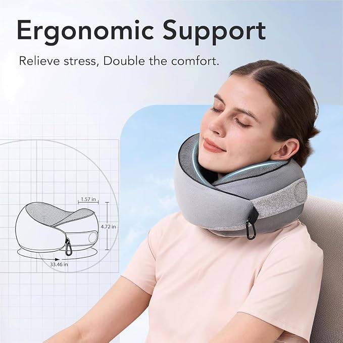 KPNEOL Travel Pillow, 100% Pure Memory Foam Travel Neck Pillow Airplane Neck Support Ergonomic Design for Traveling Suitable for Airplanes,Offices-Grey-Small Size