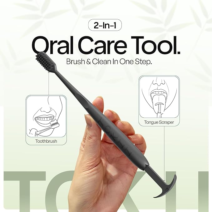Tokii Tongue Scraper & Tongue Cleaner for Adults, 2-in-1 Toothbrush with Sliding Tongue Scraper, Charcoal Ultra Soft Bristles, Ayurvedic-Inspired, Includes Travel Toothbrush, Stand & Waterproof Pouch