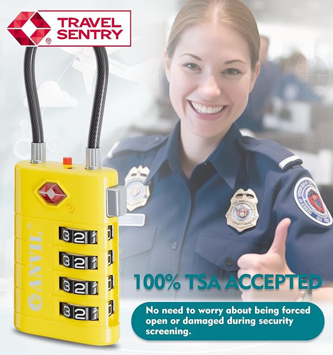 ANVIL TSA Approved Luggage Locks with Search Alert Indicator, 4-Digit Combination Suitcase Lock, Advanced TSA008 Core Heavy Duty Anti-Theft Travel Lock for Double Zippers, Backpacks