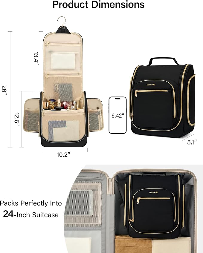 Hanke Hanging Travel Toiletry Bag for Men and Women, Water-Resistant Toiletries Bag Makeup Organizer with Hook, Cosmetic Bag for Bathroom & Travel Essentials Accessories, Black