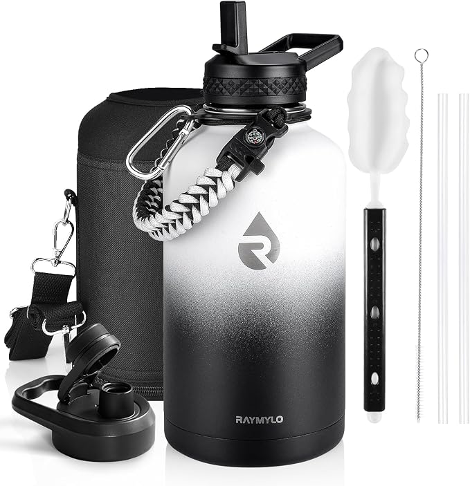 RAYMYLO Insulated Water Bottle 64 oz, Triple Wall Vacuum Stainless Steel (Cold for 48 Hrs), Leak Proof & Non-BPA, Half Gallon Water Flask Jug with Paracord Handle & Straw Spout Lids, White/Black