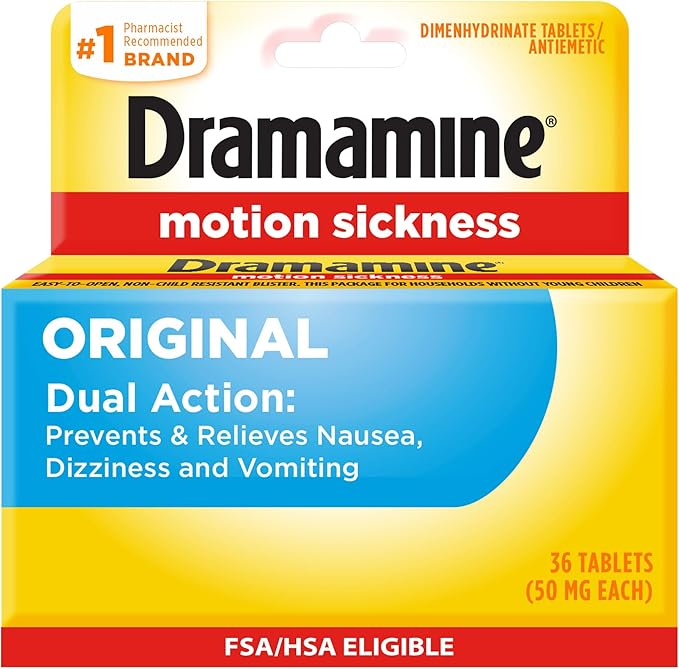 Dramamine Motion Sickness Original, for Nausea Relief During Travel, 36 Count