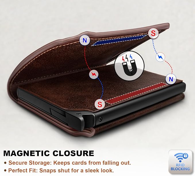 BULLIANT Men Wallet Leather Wallet Card Holders Money Clip for Men 10Cards-Magnetic Flip on Metal Case