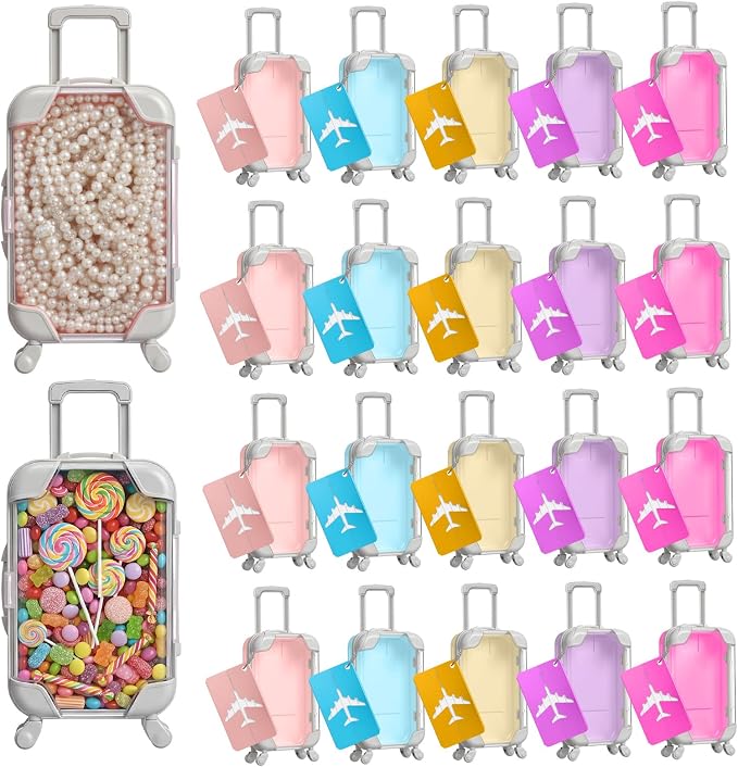 Teecyhooo 20 Pcs Mini Suitcase Party Favor Boxes and 20 Pcs Metal Luggage Tags with Card, Clear Mini Luggage Gift Boxes for Girls Wedding Travel Birthdays (6.5 x 2.8 x 1.4 Inch,Multicolor)