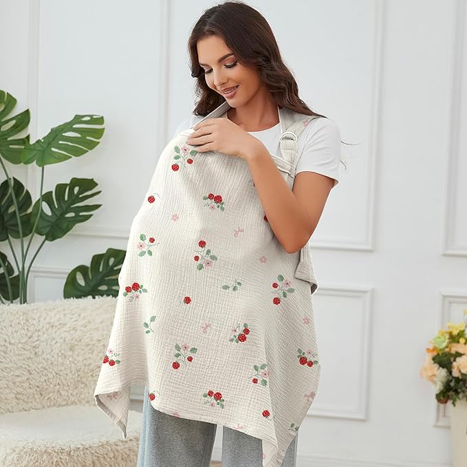 Muslin Nursing Cover for Baby Breastfeeding, Breathable 100% Cotton Breastfeeding Cover with Rigid Hoop for Mother Nursing Apron (Strawberry Whisper)