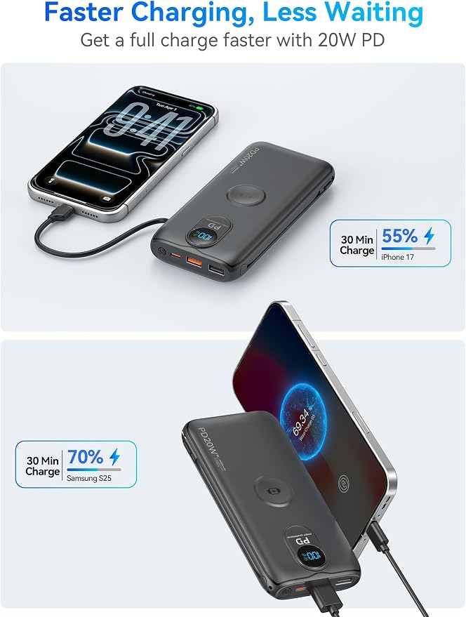 Portable Charger, 10000mAh 20W Fast Charging Power Bank with Built in Cables & AC Wall Plug & LED Display, Travel Essentials Battery Pack Powerbank for iPhone, iPad, iWatch, Samsung, Black
