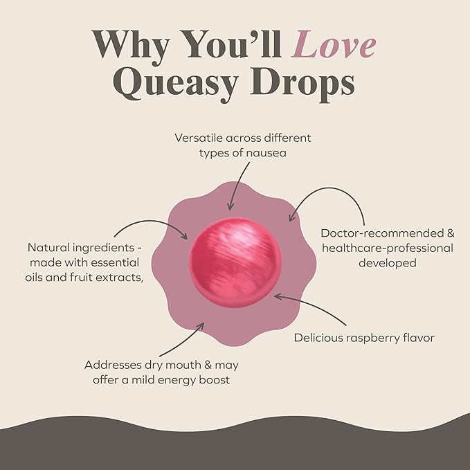 Three Lollies Queasy Drops - Pink Sour Raspberry Flavor - Travel Sickness & Nausea Relief, Soothes Stomach & Dry Mouth, Natural Ingredients - 32 ct