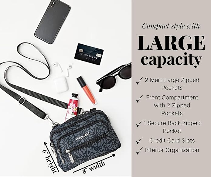 Baggallini Triple Zip Small Crossbody Bag for Women - Lightweight Convertible Fanny Pack Belt Bag