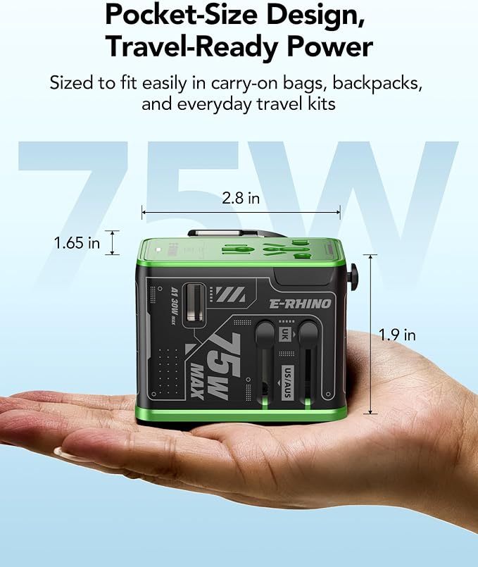 Mfish 75W Universal Travel Adapter with Retractable USB-C Cable, 3 USB-C & 1 USB-A, 1 AC Outlet, International Wall Charger for MacBook, iPhone, iPad, EU/UK/US/AUS, Type A/I/G/C, Black