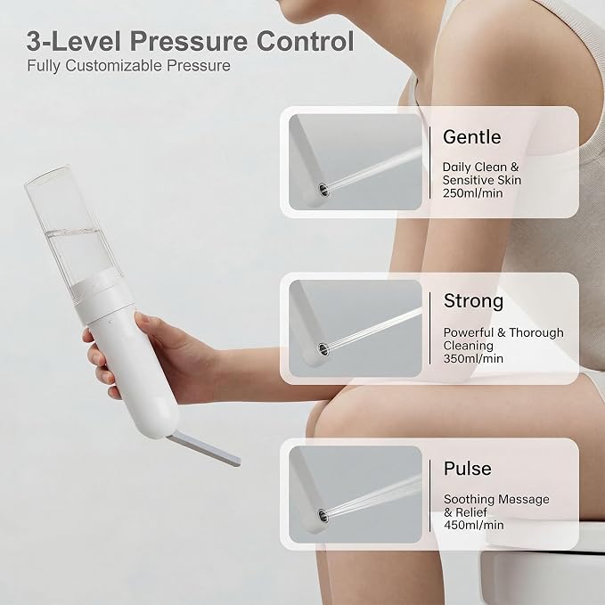 Electric Portable Bidet- Rechargeable Travel Bidet for Women, Postpartum, Hygiene | 3 Pressure Modes, 260 Uses/Charge, IPX7 Waterproof, Foldable & Compact, Standard Bottle Fit, USB-C Charging, White