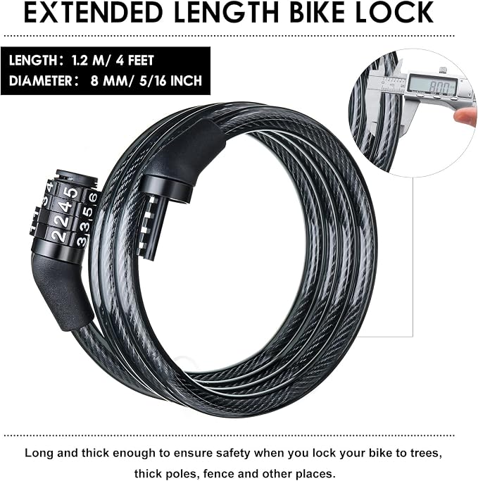 Hotop 10 Pcs 4 Feet Bike Lock Cable with Combination, Coiled Preset Bike Lock High Security 4 Digit Bicycle Locks Anti Theft Bikes Accessories Black Bicycle Cable Locks, 5/6 Inch Diameter