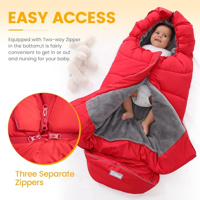 Orzbow Stroller Footmuff Universal - Weather-Proof Bunting Bag for Toddler, Warm Fleece Sleeping Bag for Cold Weather, Easily Attaches to Most Strollers, Baby Boys Girls Winter Essentials, Red
