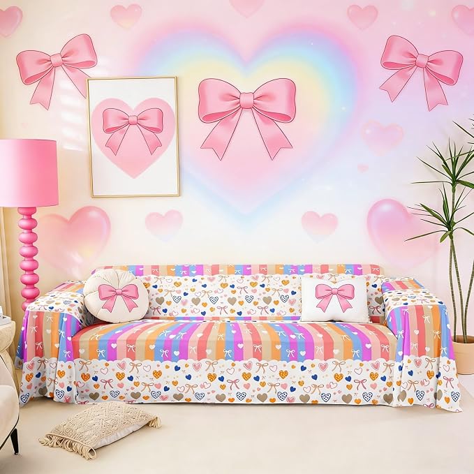 Pink Bow Tie Couch Cover for Pets,Cartoon Love Hearts Bowknot Couch Covers for 2 Cushion Couch Sofa,Cute Aesthetic Kawaii Sofa Slipcover Watercolor Rainbow Striped Throw Couch for Dogs,Kids,71"x118"
