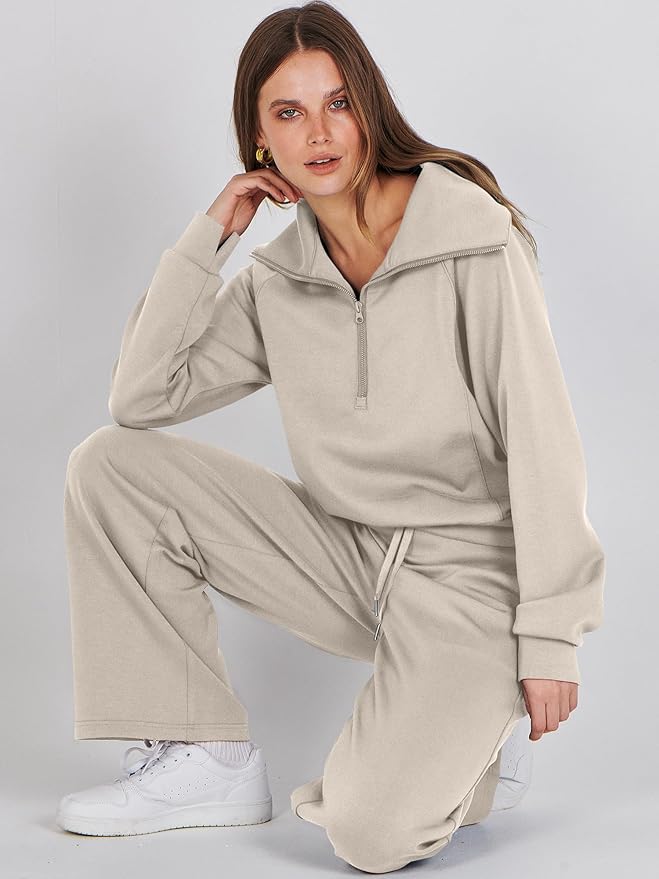 ANRABESS Women’s 2 Piece Outfits Half Zip Sweatshirt & Wide Leg Pants Airport Travel Lounge Matching Sets Sweatsuits Clothing