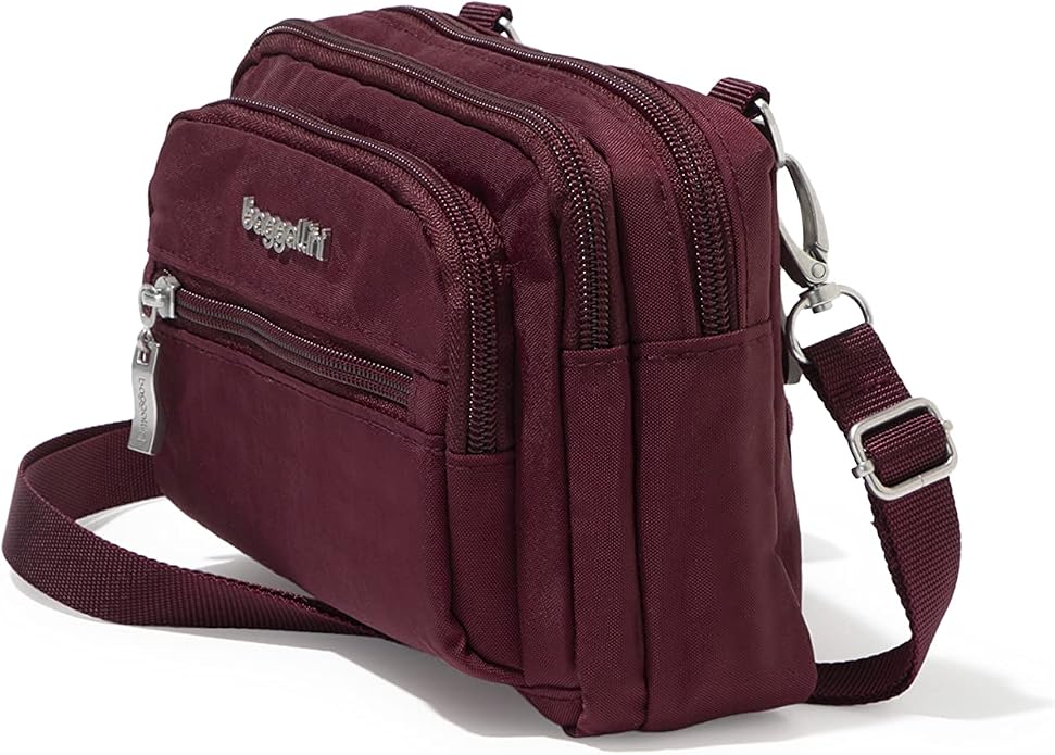 Baggallini Triple Zip Small Crossbody Bag for Women - Lightweight Convertible Fanny Pack Belt Bag