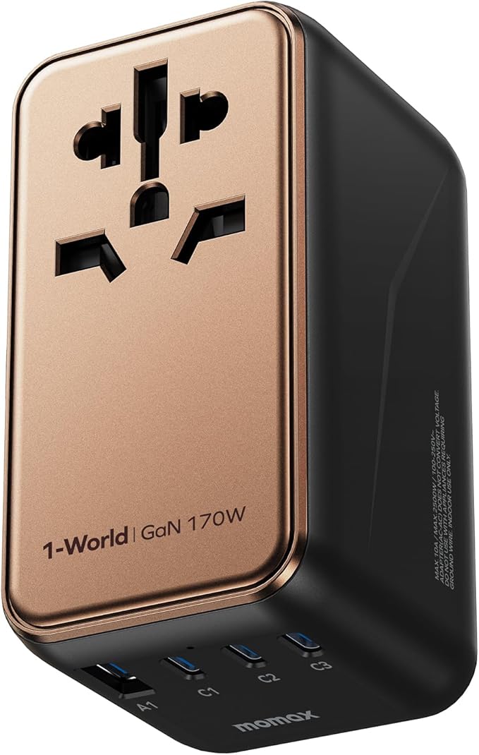 MOMAX Universal Travel Adapter Worldwide 170W GaN, 3 USB-C PD & 1 USB-A QC International Power Adapter for Laptop Fast Charging, European Travel Plug Adapter for UK/US/AUS/JP, Travel Essentials
