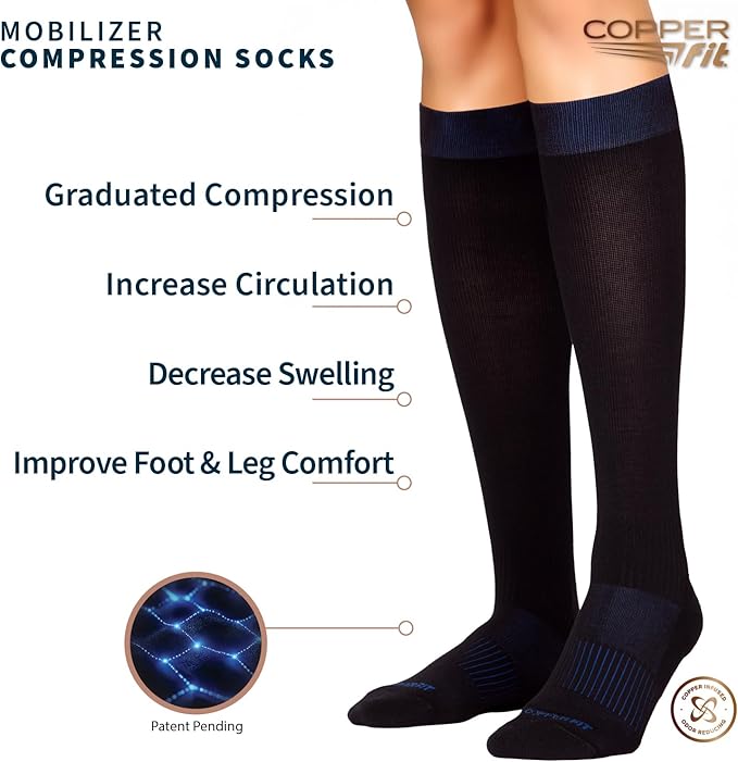Copper Fit Mobilizer Compression Socks Easy On & Off Improves Circulation, Reduces Swelling for Men & Women, Work & Running