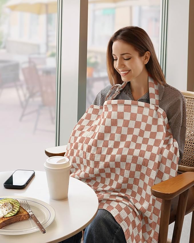 Blissful Diary Muslin Nursing Cover for Breastfeeding, Breathable Breastfeeding Cover up with Arch Neckline for Women, Nursing Apron (Brown Checkboard)
