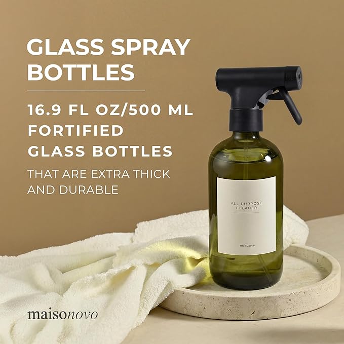 MAISONOVO Dark Green Glass Spray Bottle 16 oz Pack of 2 - Dark Green Spray Bottle for Plants with Fortified Glass & Fine Mist - Ideal for Gardening, Misting, Seedlings & Indoor Plant Care - 16 Labels