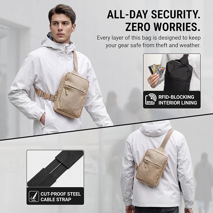 Travel Sling Bag for Men & Women - Small Water Resistant Crossbody Multipocket Chest Bag with Anti-Theft