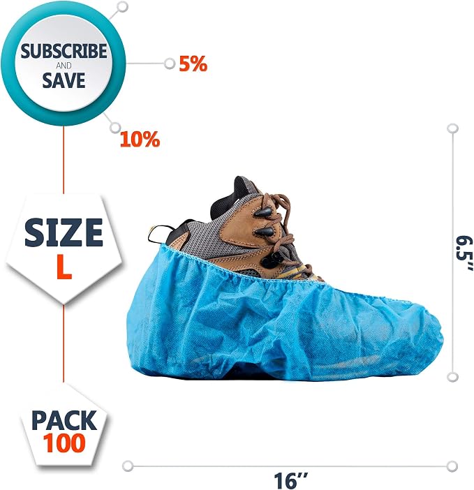 EZGOODZ Disposable Shoe Covers for Indoors and Outdoors 16" x 6.5", Pack of 100 Blue Splash-Proof Shoe Booties Disposable with Elastic Ankles, 50 gsm Polypropylene Disposable Booties to Cover Shoes