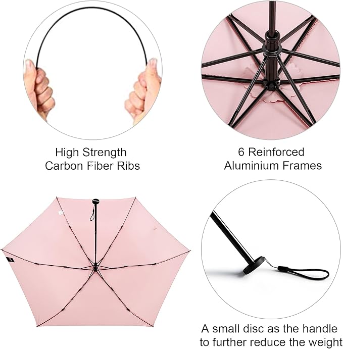 G4Free 43in Mini Travel Umbrella Ultralight Carbon Fiber UPF 50+ Umbrella | UV Protection, Sun Block, For Sun, Super Slim, Small Size, Weighs Only 4 oz, Compact Design, For Travel, For Purse, Women Use
