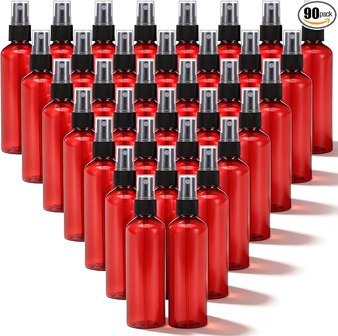 90 Pack 4oz Plastic Spray Bottles Bulk, Reusable Refillable Fine Mist Empty Mini Spray Bottles, Travel Size Small Sprayer for Essential Oils, Perfume, Cleaning Solutions (Amber)