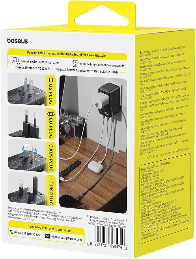 Baseus 70W Universal Travel Adapter, 6-in-1 International Plug Adapter with Retractable Cable, USB-C PD Fast Charging Worldwide Wall Charger for USA/EU/UK/AUS and Over 200 Countries - Enercore CG11