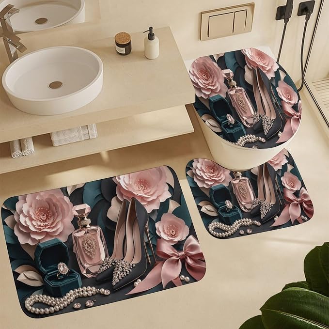 Floral Perfume Jewelry Heels Bathroom Rug Set 4 Piece with Shower Curtain Non Slip Bath Mat Set Microfiber Bathroom Decor Toilet Lid Cover U Shape Rug Waterproof Bathroom Accessories