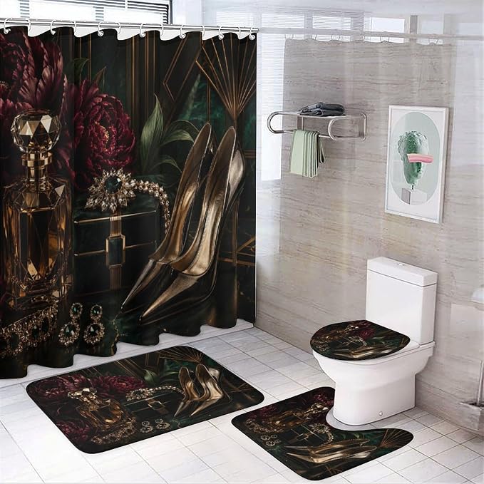Luxury Perfume Jewelry and Heels Bathroom Rug Set 4 Piece with Shower Curtain Non Slip Bath Mat Set Microfiber Bathroom Decor Toilet Lid Cover U Shape Rug Waterproof Bathroom Accessories