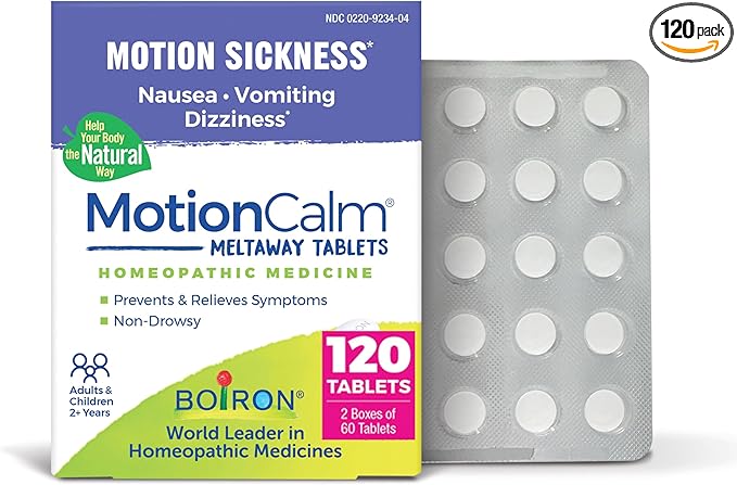 Boiron MotionCalm Relief for Nausea, Vomiting, or Dizziness from Motion Sickness, Carsickness, Seasickness, Amusement Rides, and Video Games or VR - Non-Drowsy - 120 Count (2 Pack of 60)
