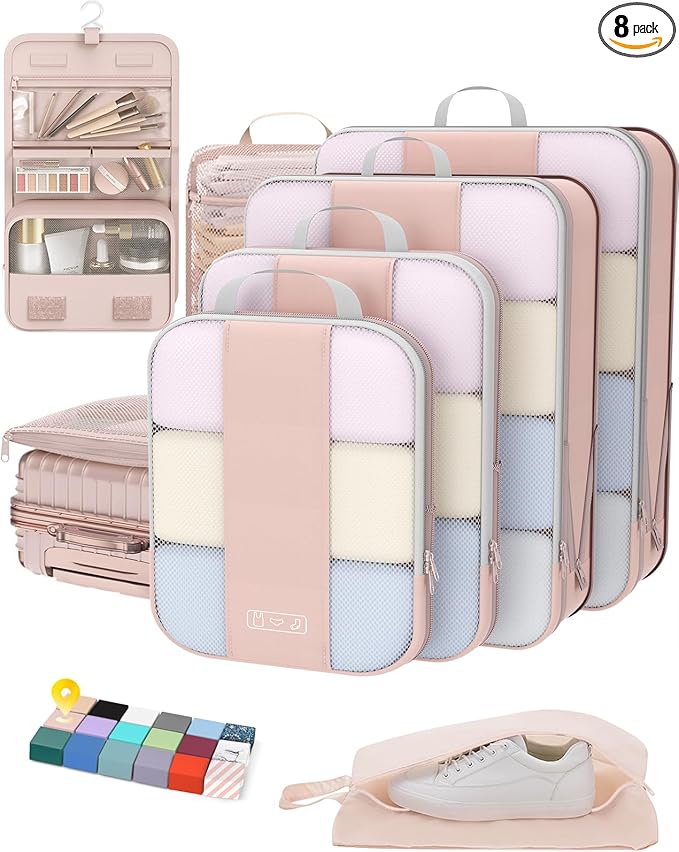 OlarHike 8 Set Compression Packing Cubes for Travel Gifts Mom Women,Airplane/Cruise/Car Travel Essentials,Compressible Expandable Saver Space Bags,Luggage Clothes Garment Bags for Travelers(Beige)