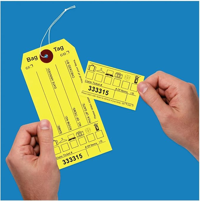 Luggage Claim Tags with String Attached, Consecutively Numbered, with Luggage Images, Bag Stickers, Claim Ticket - Bag Tags for Hotel and Motel Bag Storage. Size: 6 3/4" (H) x 2 1/2" (W). 1000 Tags.
