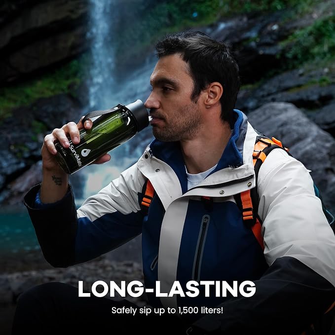 Survimate 5-Stage 0.01μm Ultra-Filtration Filtered Water Bottle, BPA-Free Material, NSF/ANSI 42 Certified, Portable Water Filter Bottle for Survival, Camping, Hiking, and Emergency Use