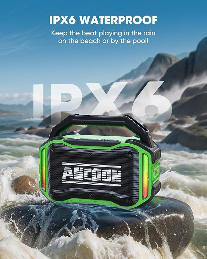 ANCOON Speakers Bluetooth Wireless: 80W(Peak) Loud Speaker with Bass, 20H Playtime, IPX6 Waterproof, Large Jobsite Speakers for Work, Outdoor, Workshop, Garage, Portable Speaker with TWS (Green)