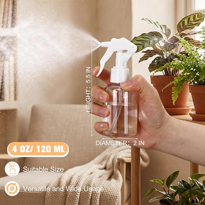 Domensi 30 Pcs 4 oz Empty Plastic Spray Bottle with White Trigger Sprayers Clear Small Sprays Bottles Adjustable Head Refillable Liquid Containers for Hair Plant Water Home Cleaning Essential Oil