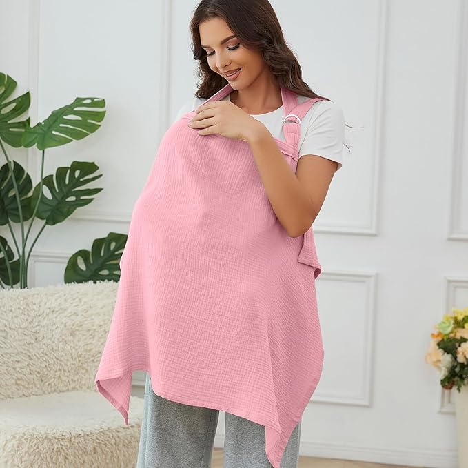 Muslin Nursing Cover for Baby Breastfeeding, Breathable 100% Cotton Breastfeeding Cover with Rigid Hoop for Mother Nursing Apron (Bold Blush)