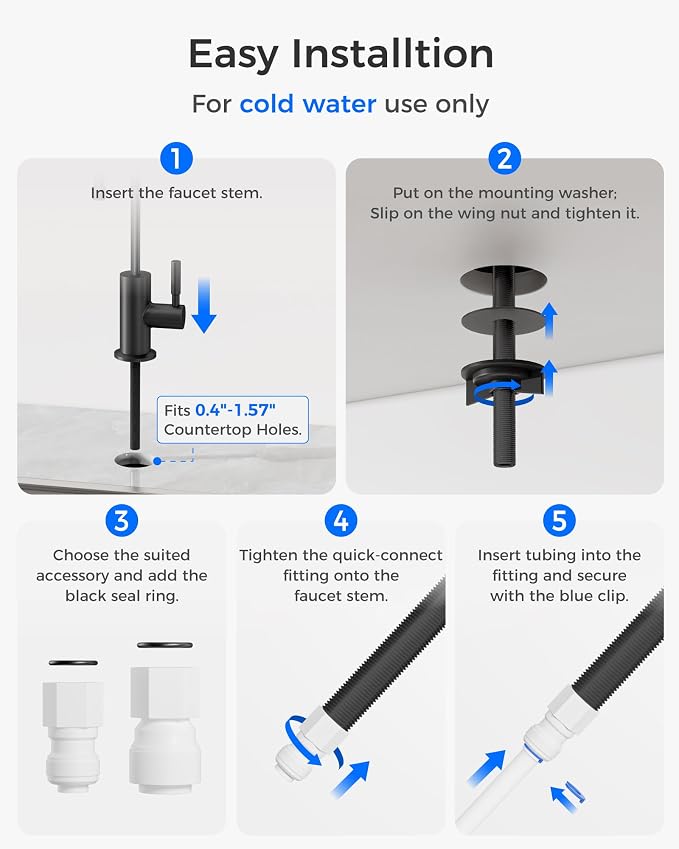 Waterdrop G2FCT-BLK Drinking Water Faucet, Reverse Osmosis Faucet, Water Filter Faucet for Kitchen Bar Sink, Single Handle, Easy to Install, Lead-Free, Stainless Steel, Black