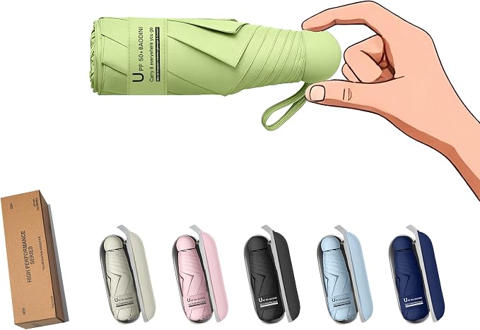 BAODINI Travel Essentials Mini Umbrella for Purse With Case Small Compact UV Sun Protection Lightweight Tiny Pocket Manual Open Close Umbrella for Women Kids and Men Fits Purse Backpack