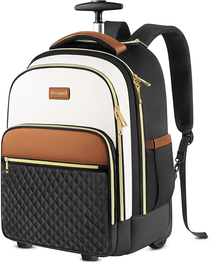 Arcoyard Rolling Backpack Carry On Luggage For Adults With Wheels, 40L Wheeled Backpack For Women, Travel Roller Bag, Beige Brown