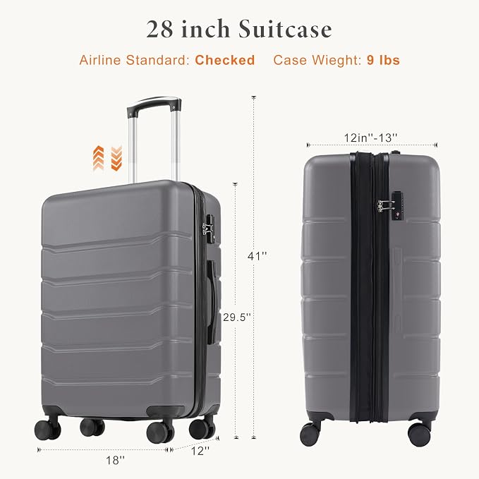 Sweetcrispy 28 Inch Carry on Luggage, Hard Shell ABS Suitcase with Double Spinner Wheels, Lightweight Expandable Rolling Suit Case with TSA Lock, Dark Grey