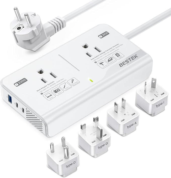 BESTEK 220V to 110V Voltage Converter US to Europe, 2000W Universal Travel Adapter with 2 USB C Ports & 1USB-A Port for Hair Straightener
