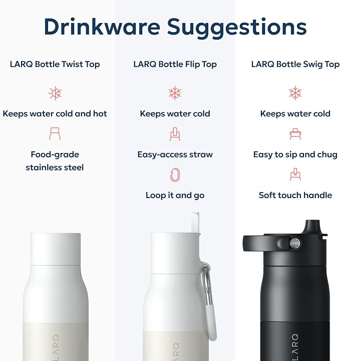 LARQ Twist Top — Reusable Insulated Stainless Steel Water Bottle, Metal Water Bottle for Men, Women, Kids, 100% Leakproof, BPA Free, No Straw — Travel, Gym, Office, School — 17 oz, Granite White