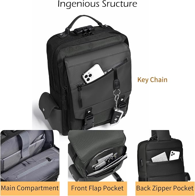 Leaper Anti-Theft Crossbody Sling Bag：one-handed quick-open lock in 3 seconds & hidden zippered pockets for Travel, Work & Daily Commute, DarkBlue
