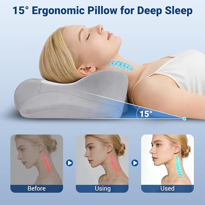 Cervical Pillow for Neck Pain Relief, Ergonomic Contour Memory Foam Neck Support Pillow with Ear Pressure Relief and Dual Height Design